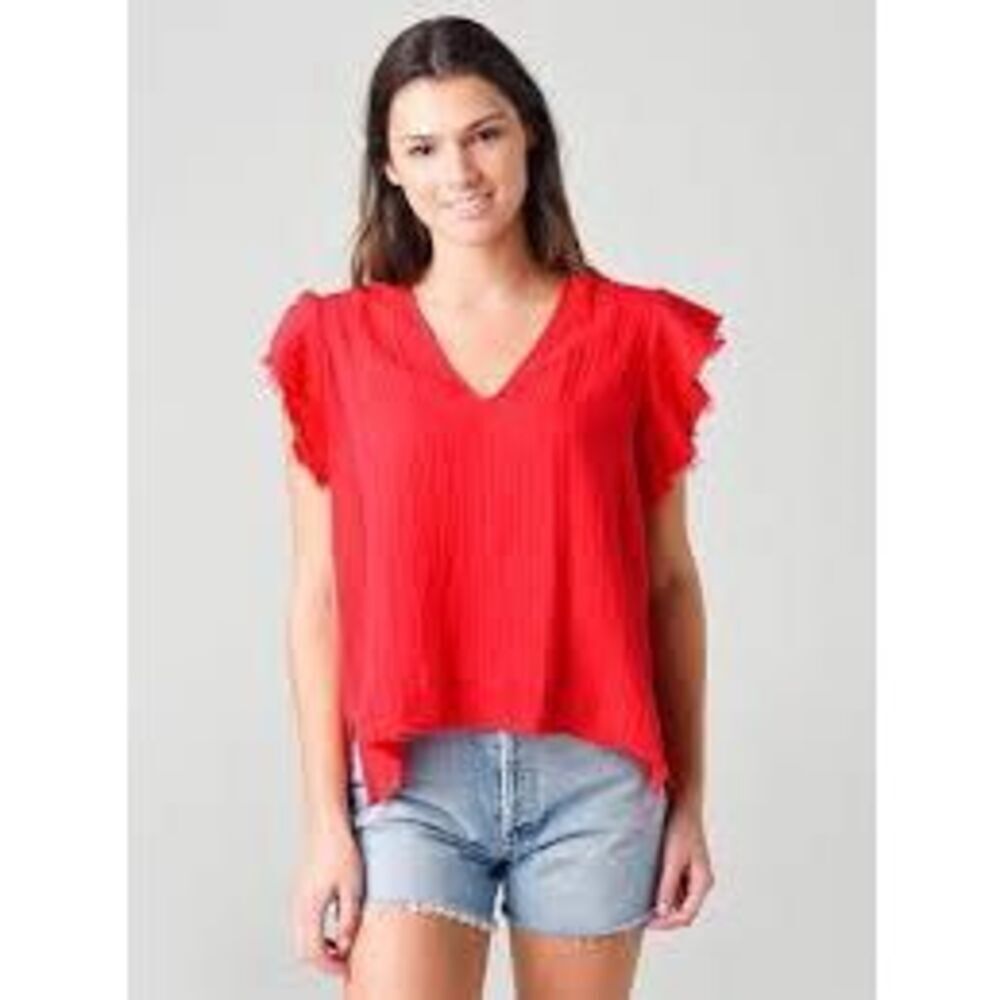 STARK X Red Cotton Boho Tunic Top Size Large Flutter Sleeve V Neck